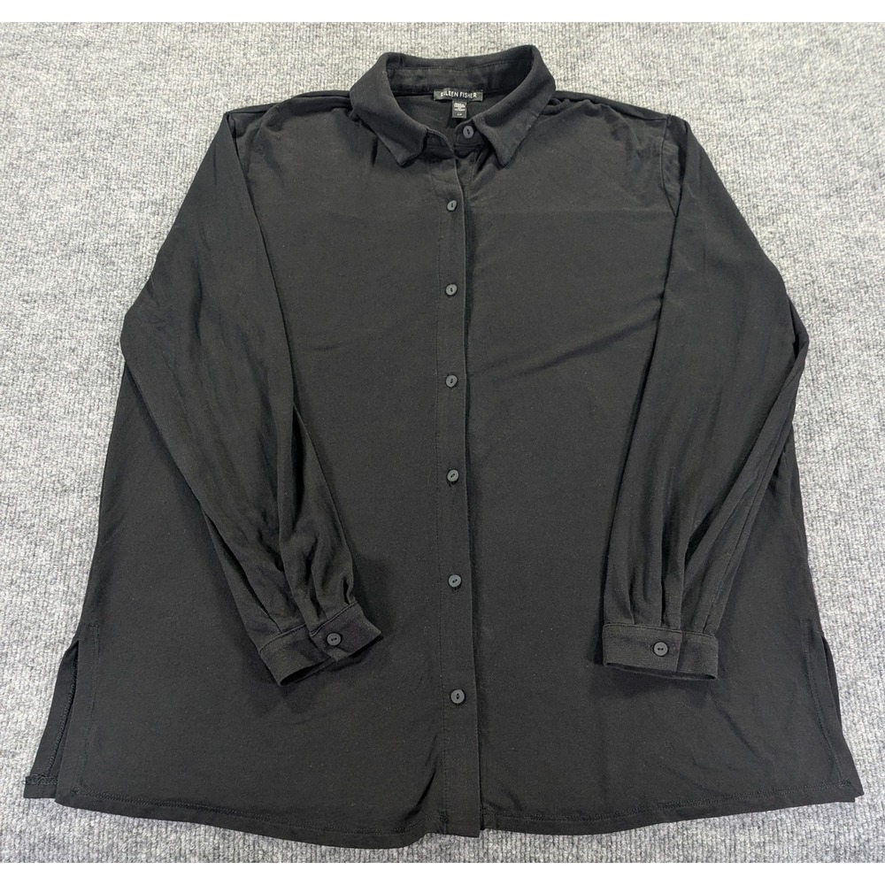 Eileen Fisher Black Tencel Lyocell Stretch Button Front Shirt Small S/P L/S